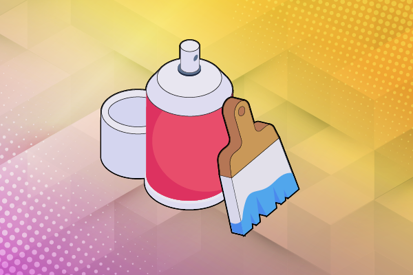 Graphic of a spray paint can and paint brush with blue panit on the end of it.