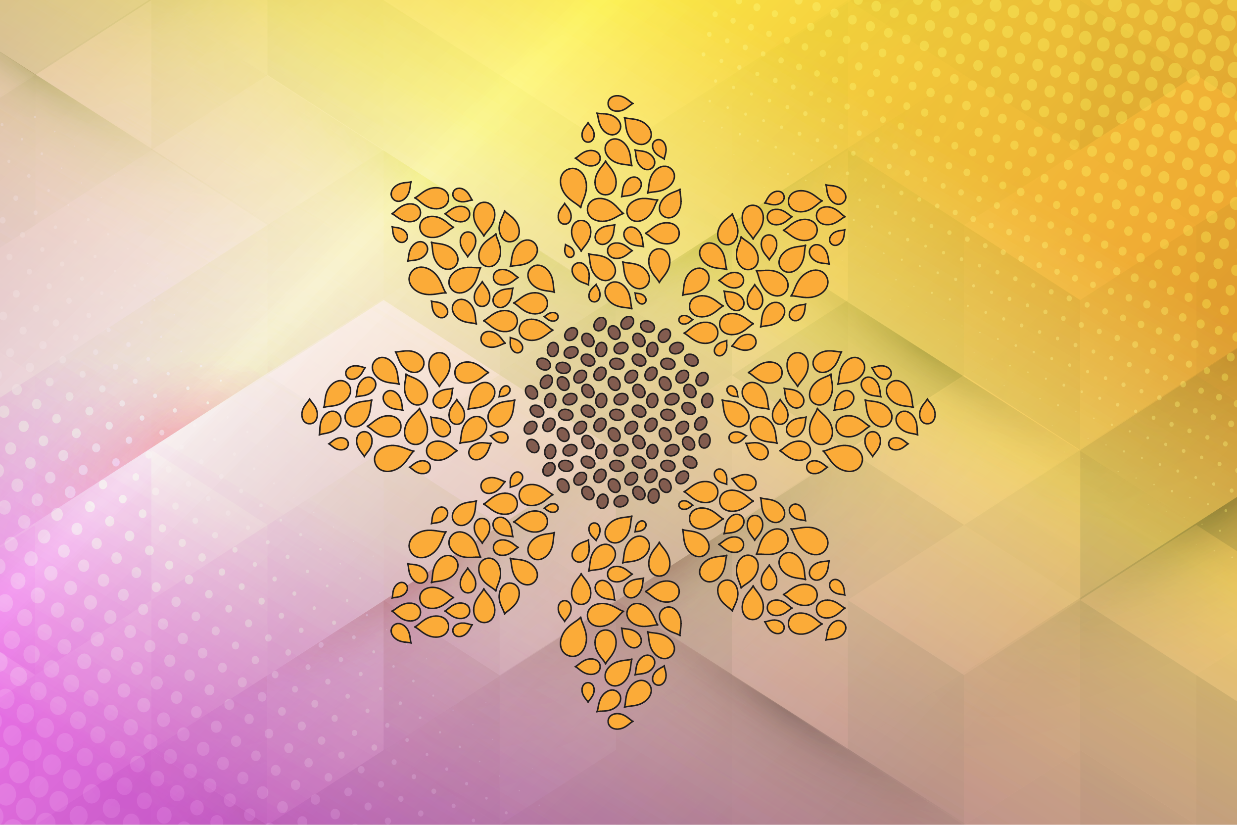 Cartoon image of a sun flower where it is made out of small seeds.